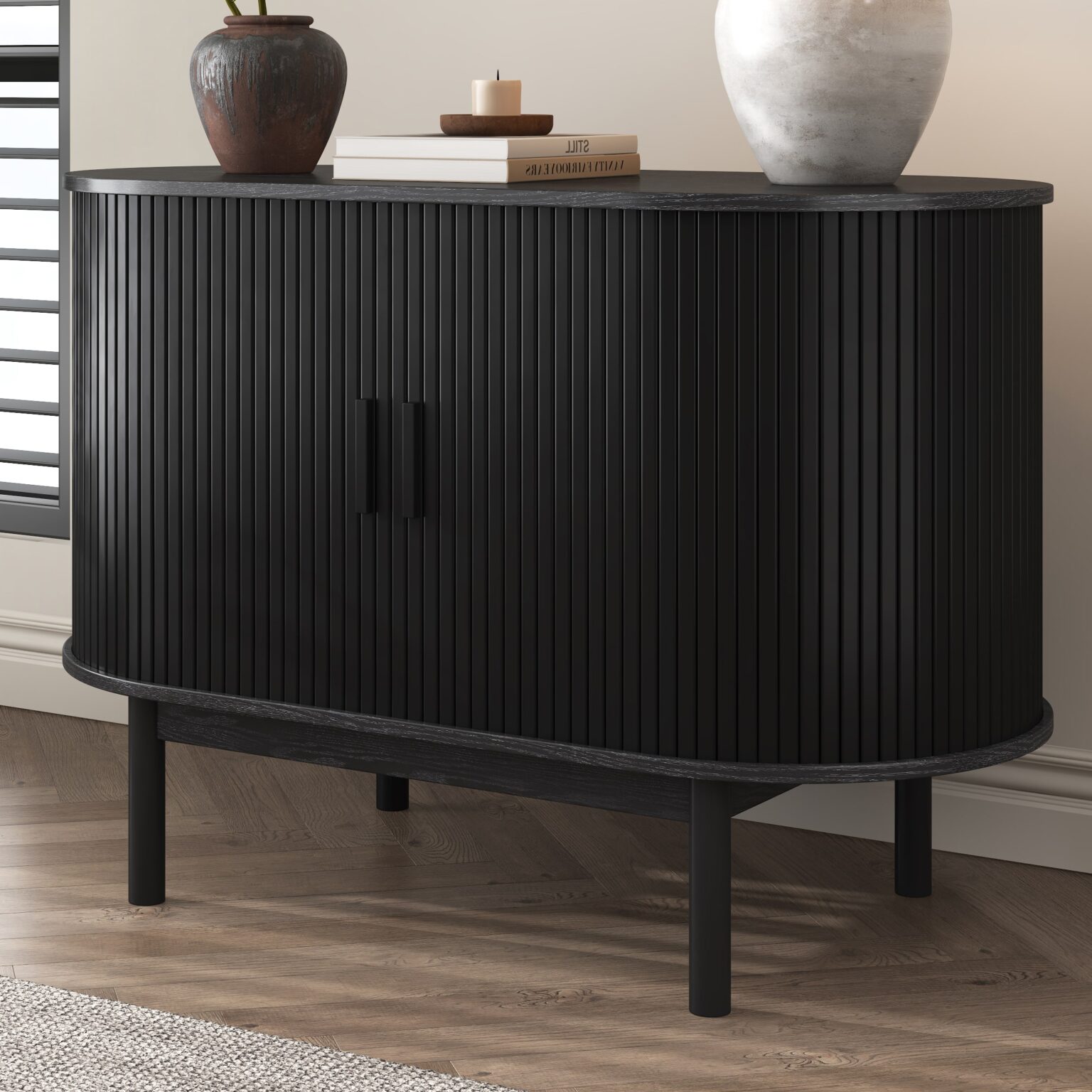 Mid-Century Black Ribbed Sideboard Cabinet - Dreamo Living