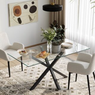 Finn Dining Table with Black Steel Legs and Glass Tabletop