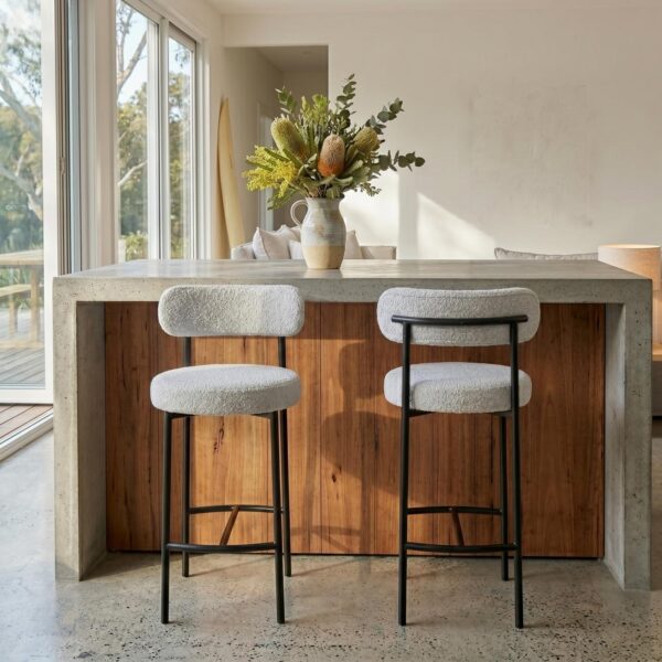 Sleek White Quartz Metal Boucle Elsa Bar Stools