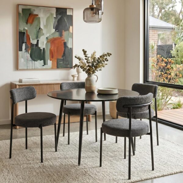 4-Seat Dining Table Set with Plush Charcoal Boucle Chairs