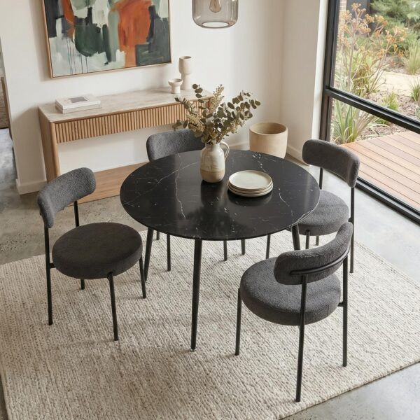 4-Seat Dining Table Set with Plush Charcoal Boucle Chairs
