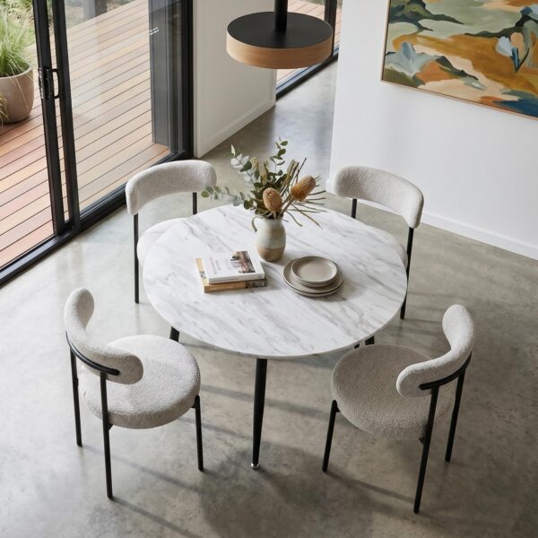 4-Seat White Dining Table Set with Plush Boucle Chairs