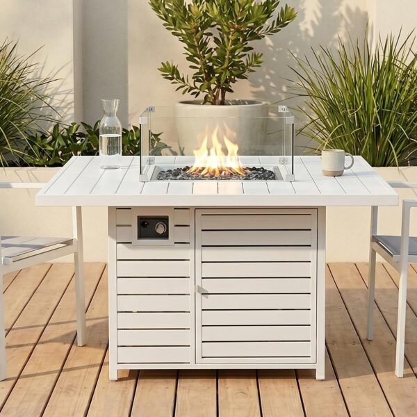 Square Gas Fire Pit Table for Outdoor Use - White