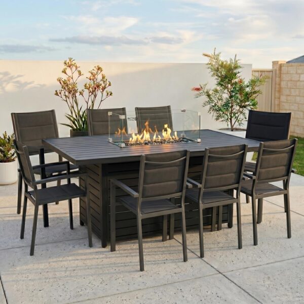 Midnight Ambiance Rectangle Fire Set with 8 Chairs – Black