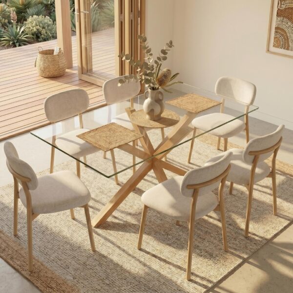 Clearview Oak Glass Dining Set with 6 Taupe Chairs
