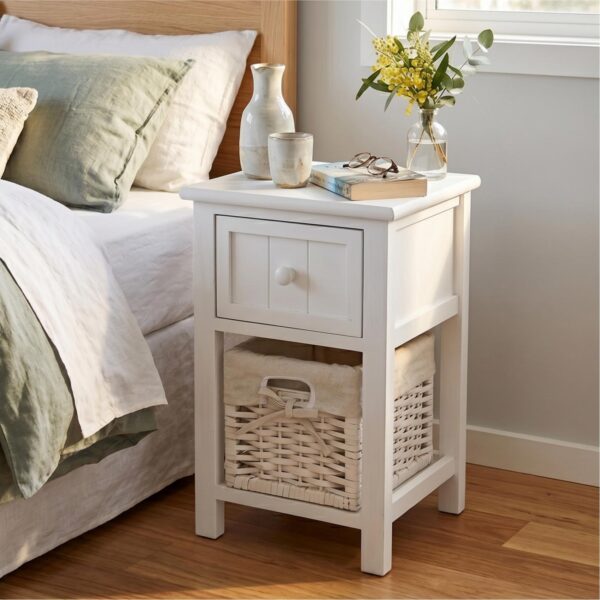 Emma Bedside Table Nightstand with Wicker Basket White