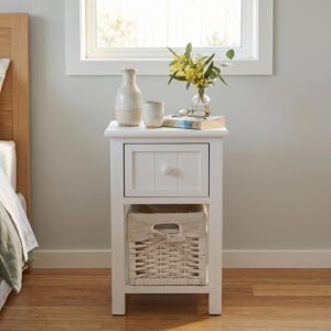 Emma Bedside Table Nightstand with Wicker Basket White