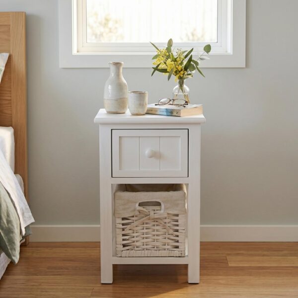 Emma Bedside Table Nightstand with Wicker Basket White