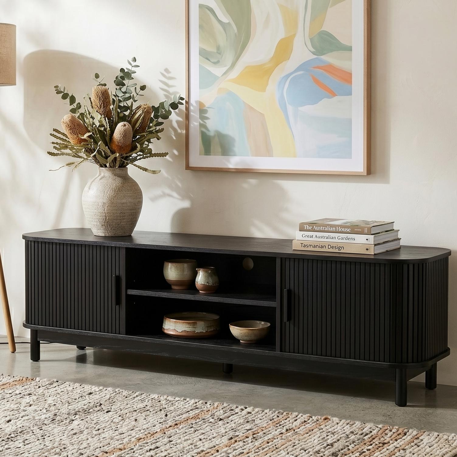 160cm Ribbed Black Entertainment Unit - Image 2