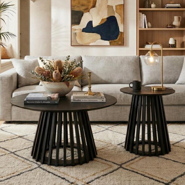 Palmer Slatted Sphere Coffee and Side Table Set in Black