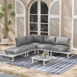 Modern Outdoor 6 Piece Lounge Set with Slatted Polywood Design-white