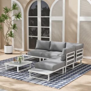 Modern Outdoor 6 Piece Lounge Set with Slatted Polywood Design-white
