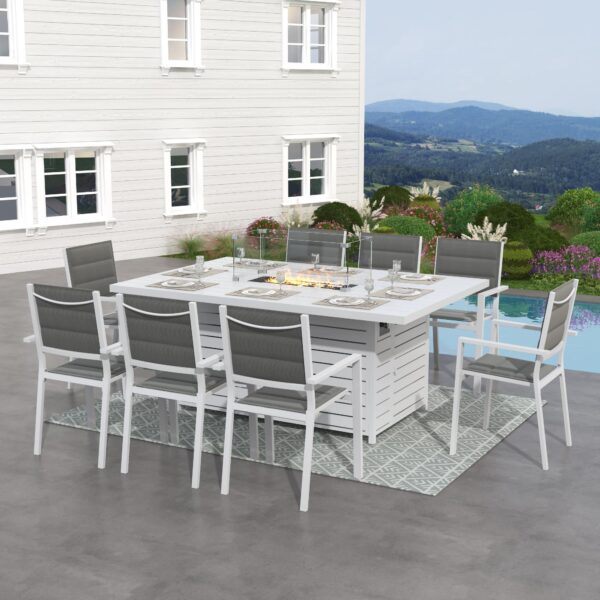 White Breeze Rectangle Fire Table Set with 8 Chairs – White
