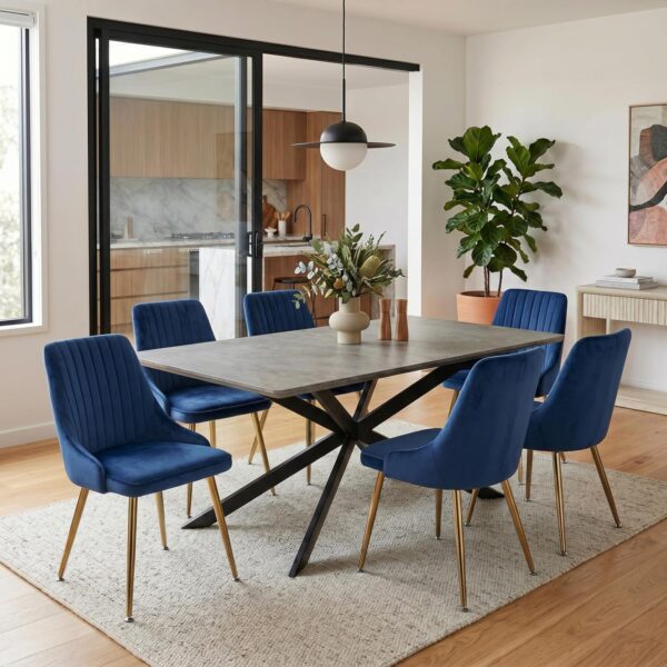 Dining Delight: Rectangular Table and Navy Velvet Chairs Dining Set