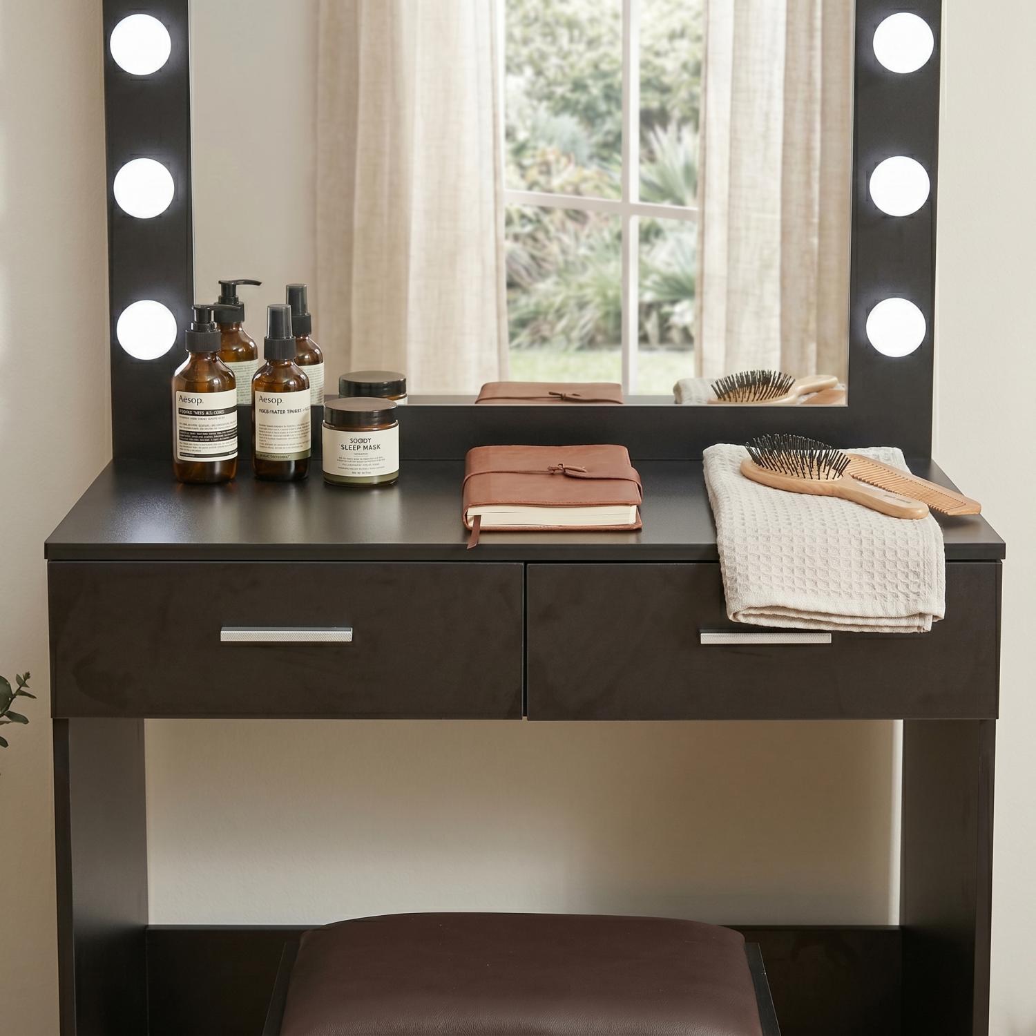 Fidel Vanity Set with Cushioned Stool and Lighted Mirror- Black - Image 9