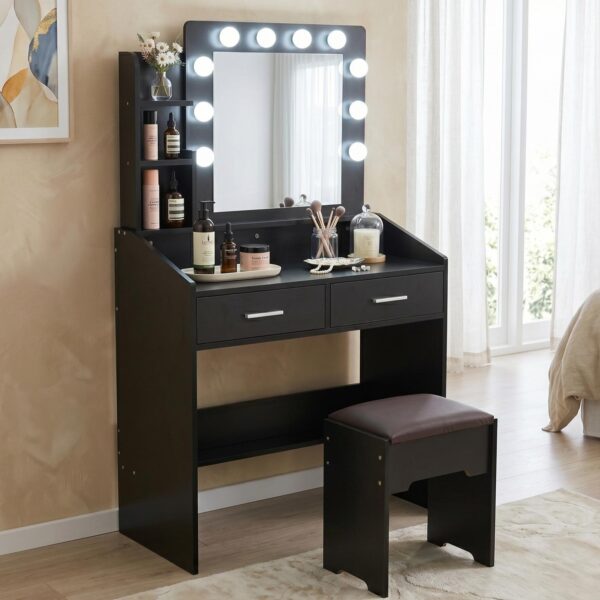 Diana Vanity Set with Shelves Cushioned Stool and Lighted Mirror- Black