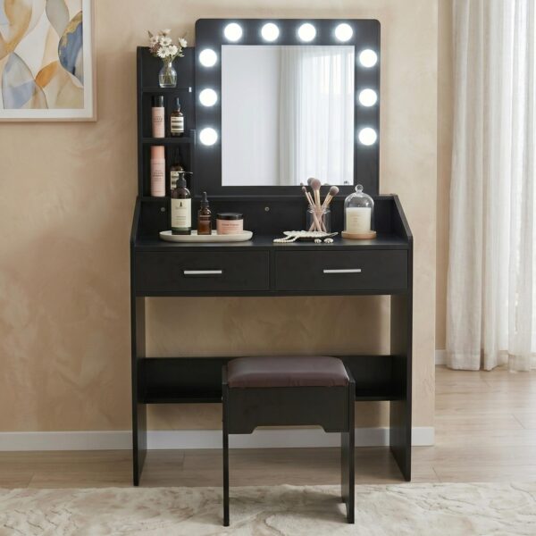 Diana Vanity Set with Shelves Cushioned Stool and Lighted Mirror- Black