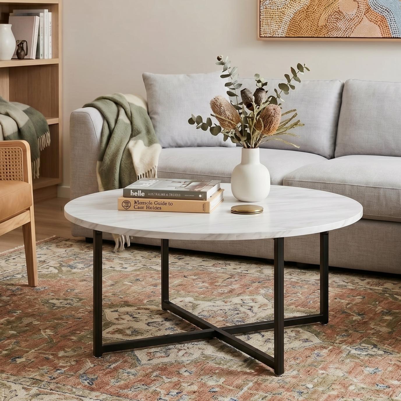 White Marble Effect Round Coffee Table with Black Legs - Image 2