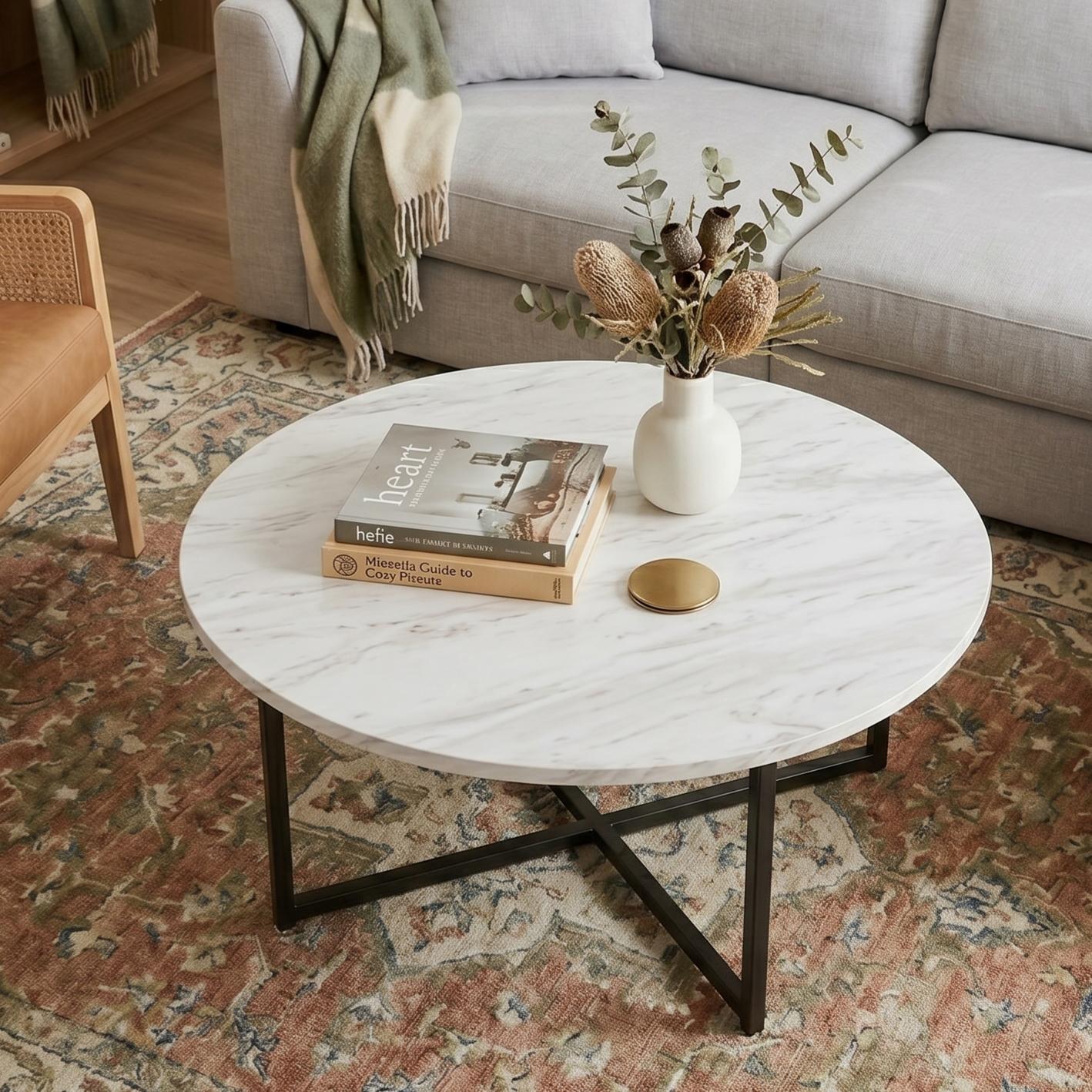 White Marble Effect Round Coffee Table with Black Legs - Image 3