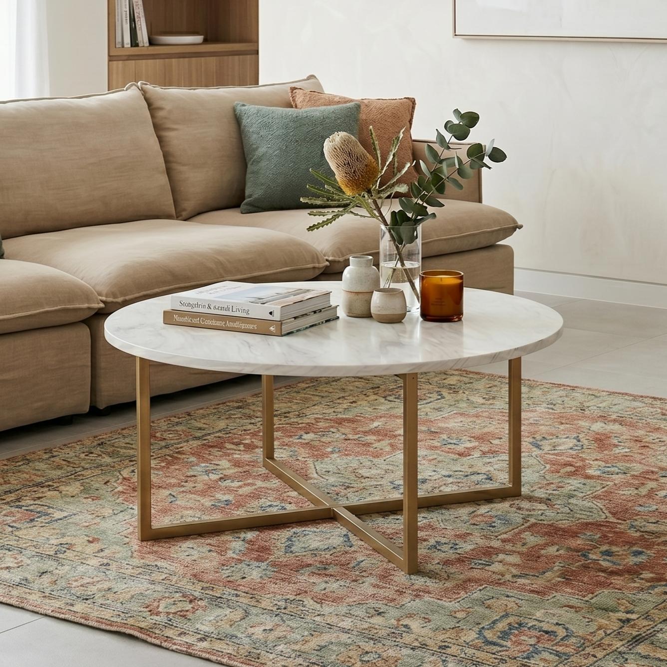 White Marble Effect Round Coffee Table with Gold Legs - Image 5