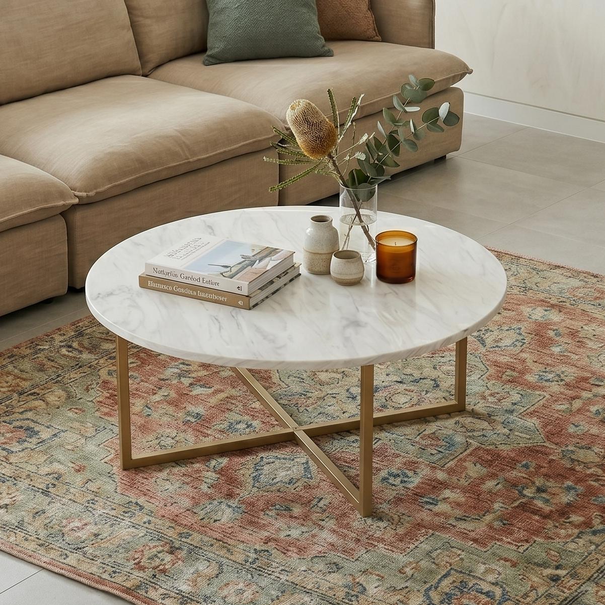White Marble Effect Round Coffee Table with Gold Legs - Image 2