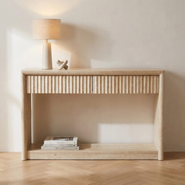 Noosa Travertine-Look Console Table with Ripple Drawer