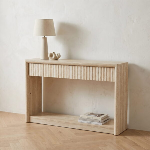 Noosa Travertine-Look Console Table with Ripple Drawer