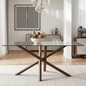 James Walnut-Look Dining Table with Glass Tabletop