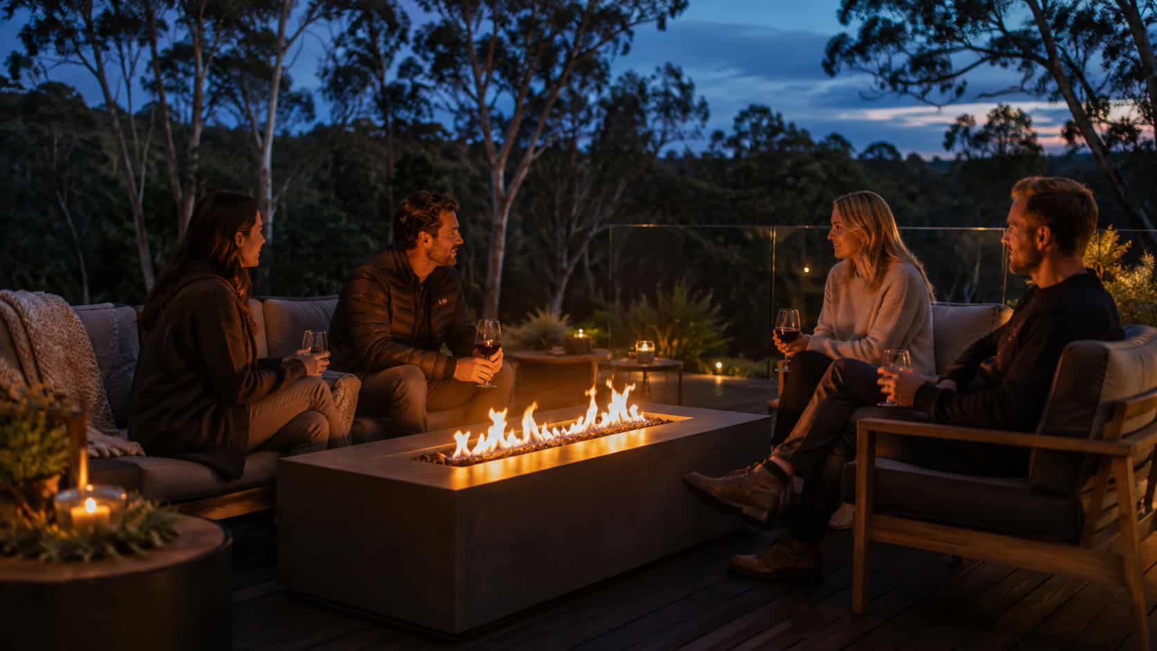 People enjoying a fire pit table on a deck at dusk in Australia.