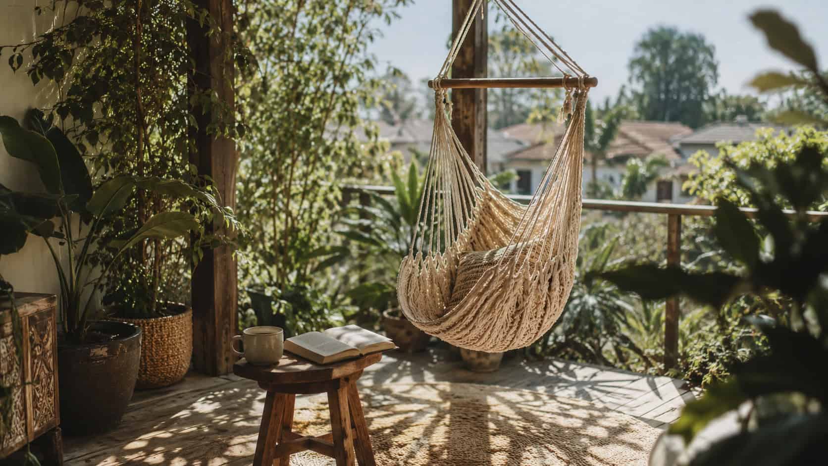 Cozy hammock chair hanging on a balcony with lush greenery.