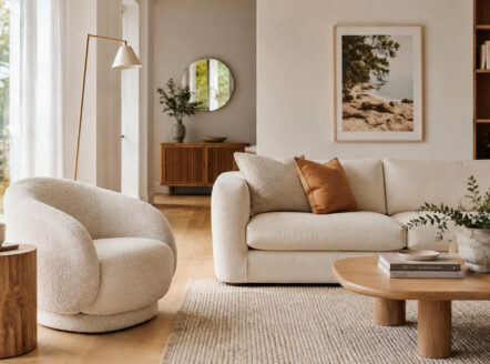 Cozy beige accent chair in a stylish living room setting.