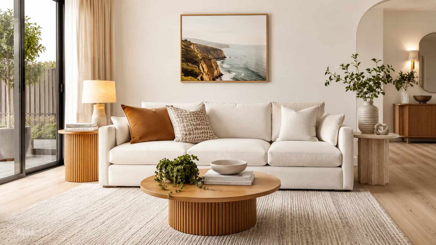 Modern living room with side tables, sofa, and coastal artwork.