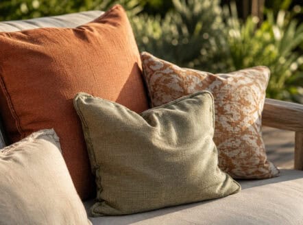 Outdoor cushions in earthy tones on a garden sofa for outdoor living.