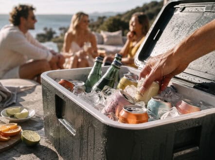 Outdoor cooler filled with drinks at a social gathering by the water.