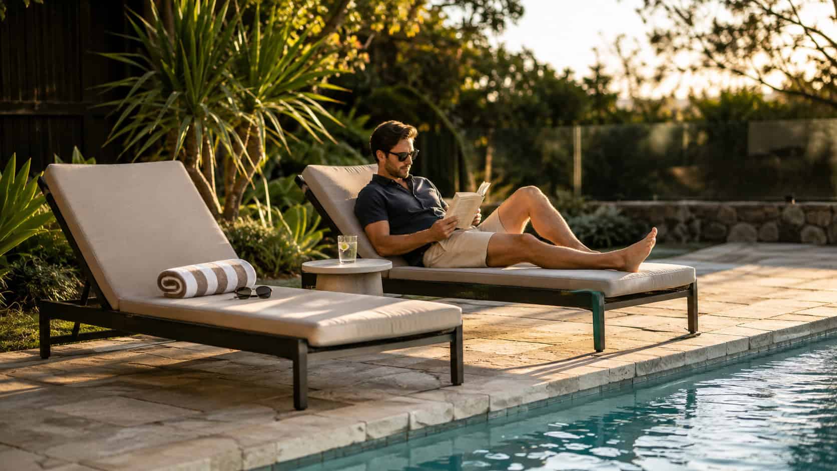 Man relaxing on a sun lounge by the pool in a backyard setting.