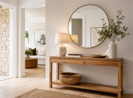 Modern wooden console table with mirror and decor in living room.