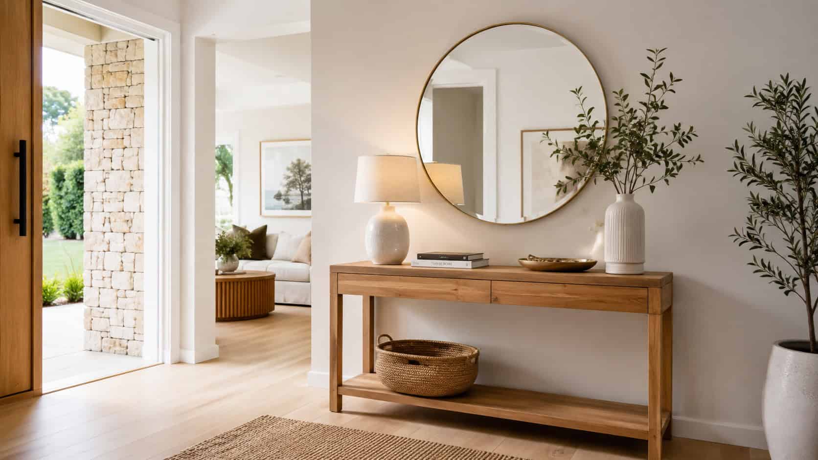 Modern wooden console table with mirror and decor in living room.