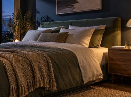 Modern bedroom with stylish decor and ambient lighting for relaxation.