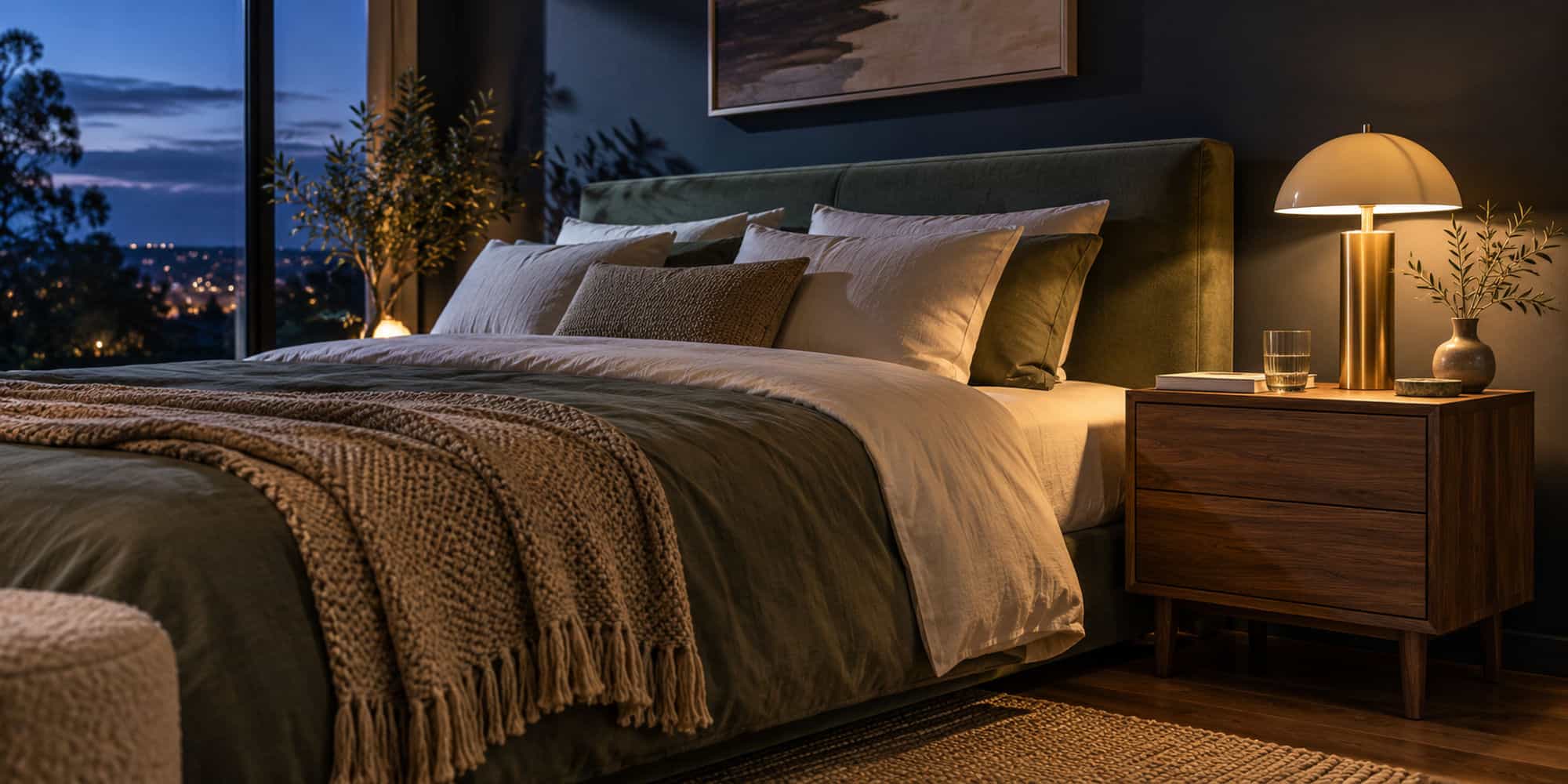 Modern bedroom with stylish decor and ambient lighting for relaxation.