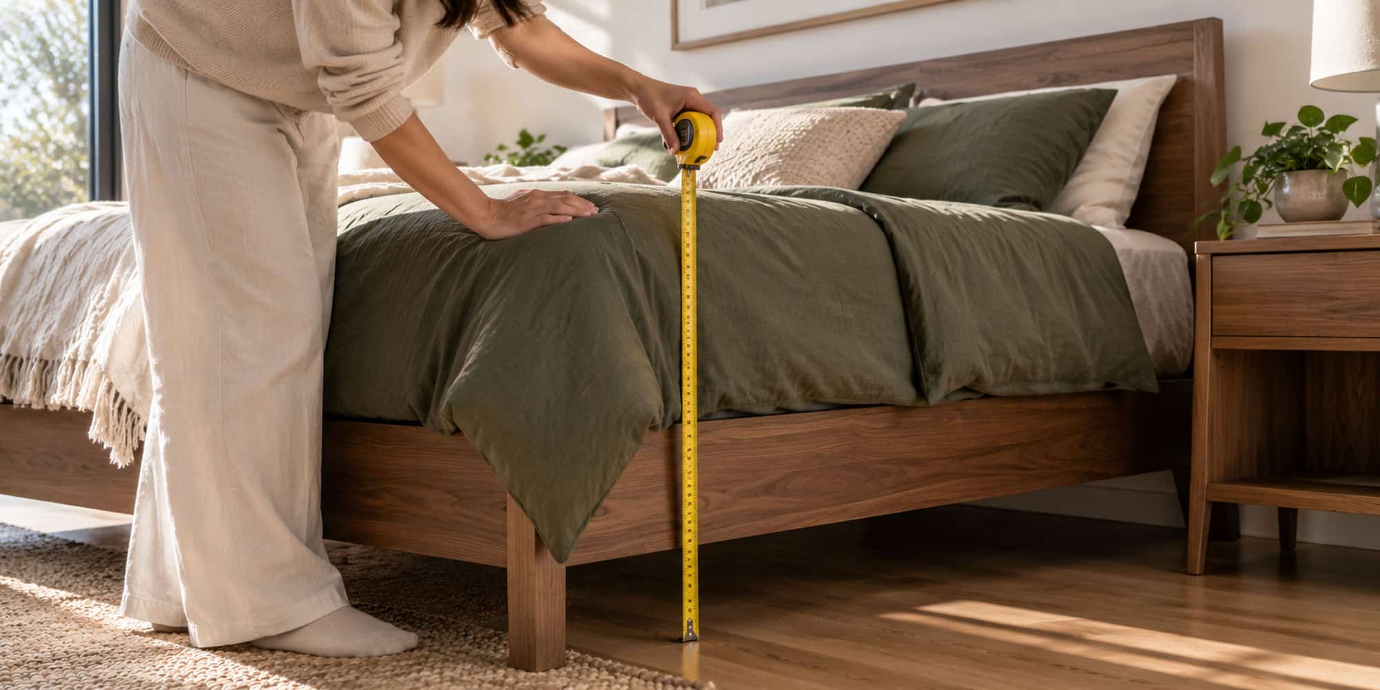 Person checking the mattress-top height from the floor using a tape measure beside a bed.