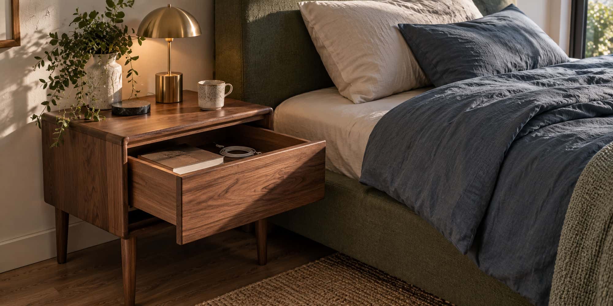 Walnut bedside table with its drawer open beside a bed, showing drawer clearance and access.