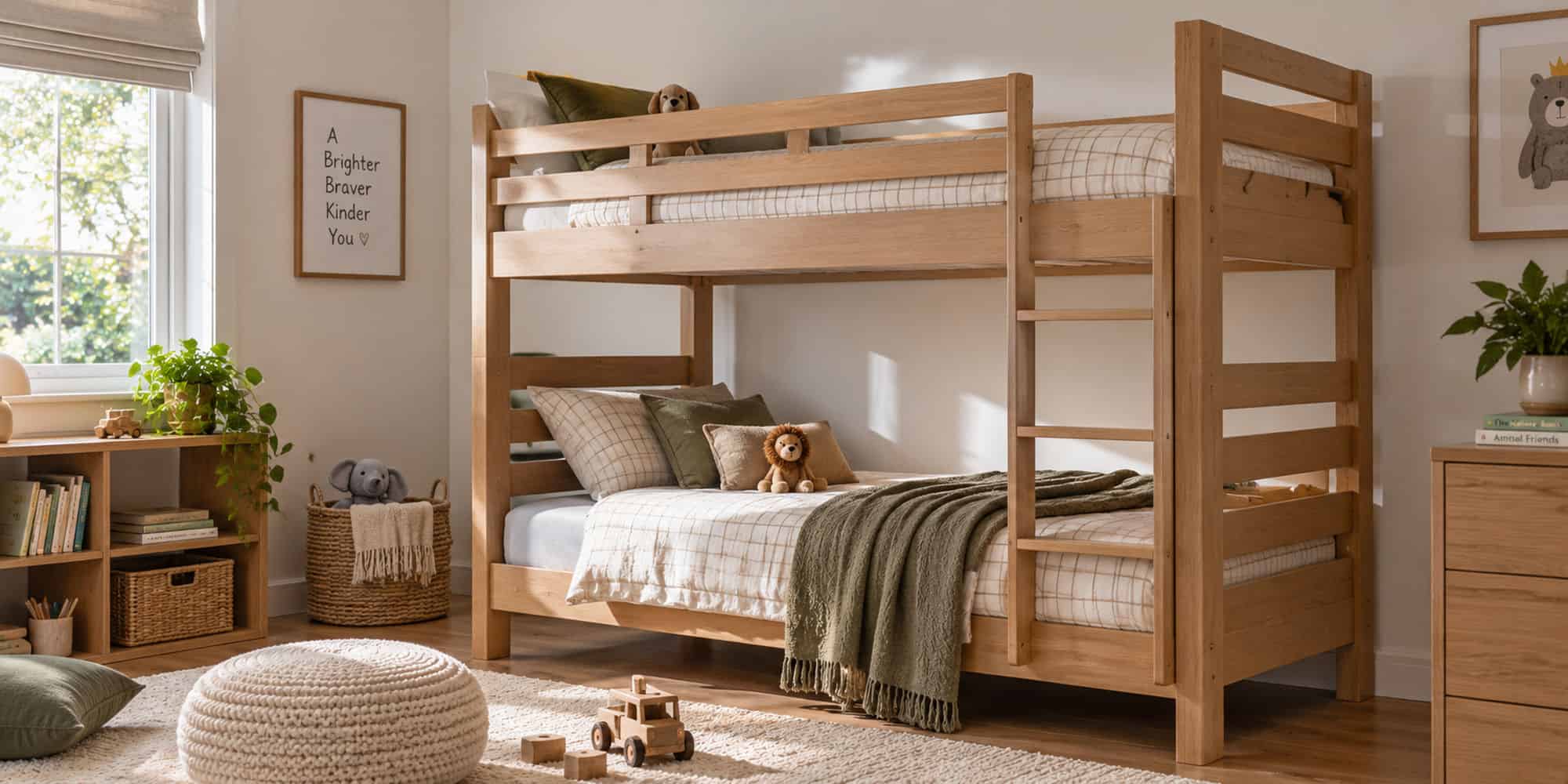 Wooden bunk bed with bedding and pillows in a bright, modern bedroom setting.