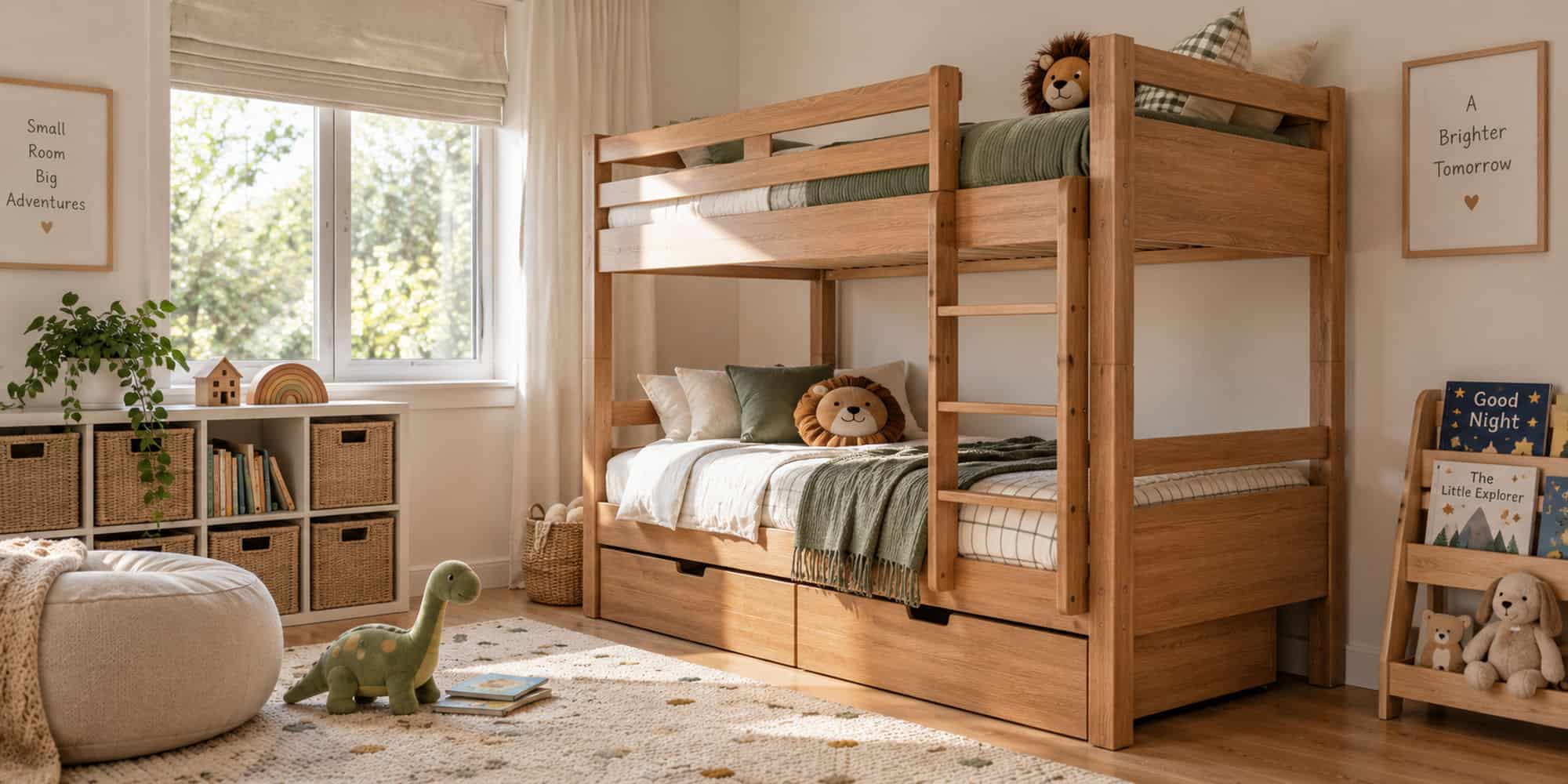 Wide children’s bedroom with a natural timber bunk bed, attached ladder and open floor area.