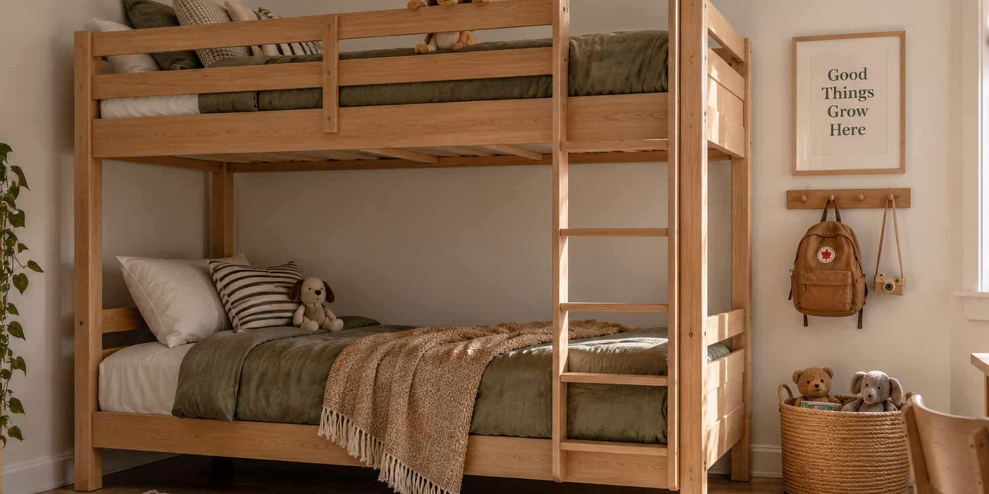 Closer view of an upper bunk mattress positioned below timber guardrails, with its ladder alongside.