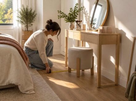 Cozy bedroom with natural light, wooden furniture, and decorative plants.