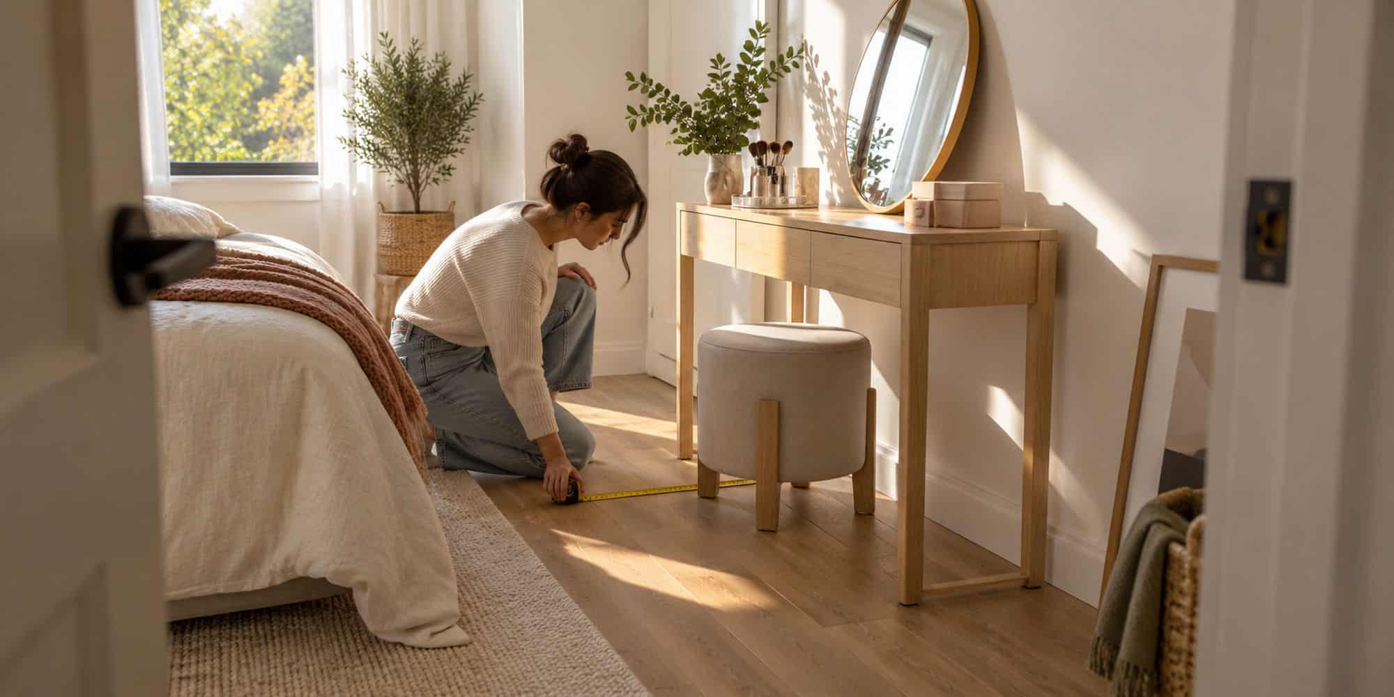 Cozy bedroom with natural light, wooden furniture, and decorative plants.