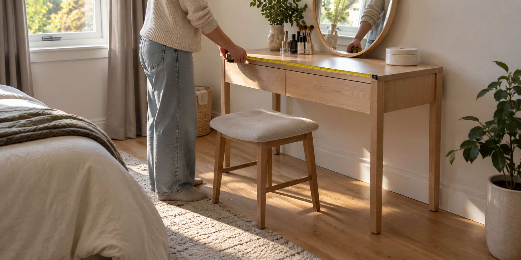 Compact dressing table measured on the floor in a small Australian bedroom