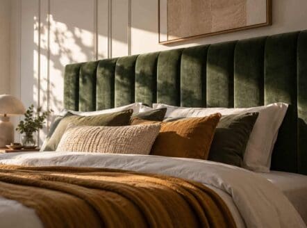 Luxurious bedroom with green velvet headboard and natural sunlight.