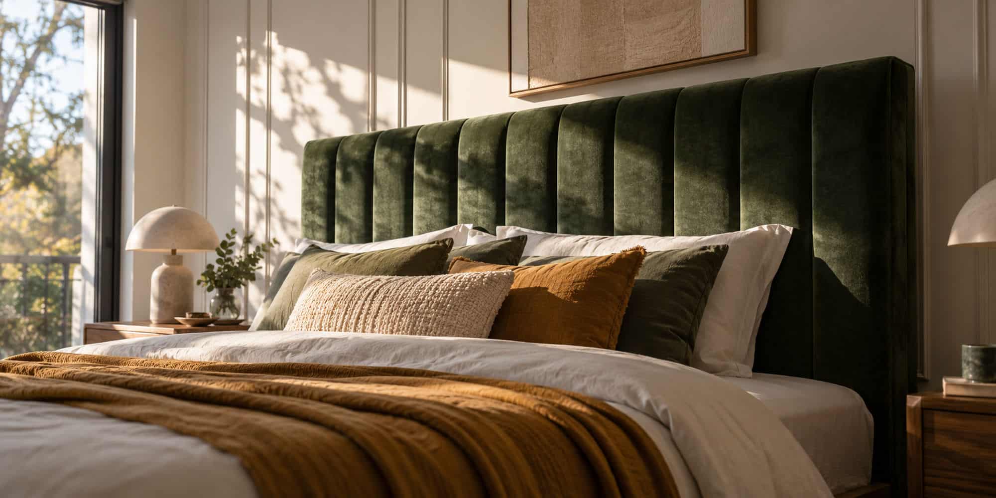 Luxurious bedroom with green velvet headboard and natural sunlight.