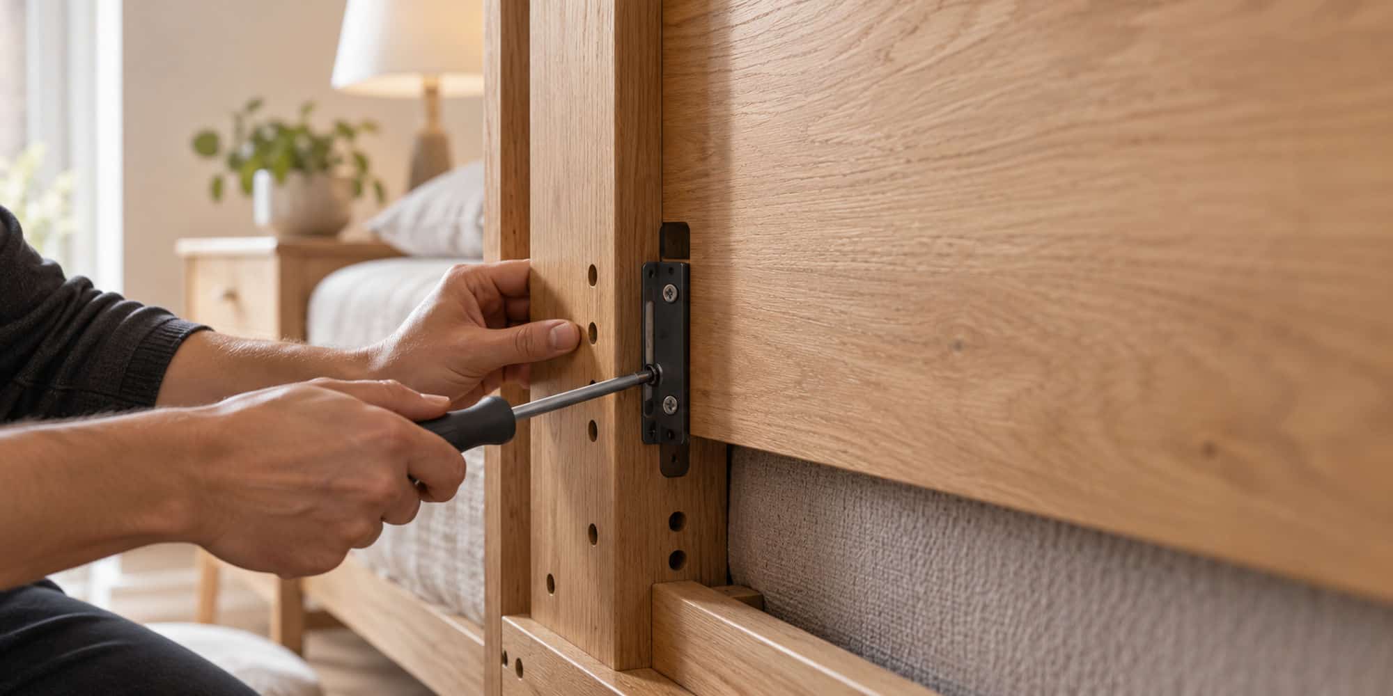 Close-up of headboard fitting hardware being attached to a timber bed frame.